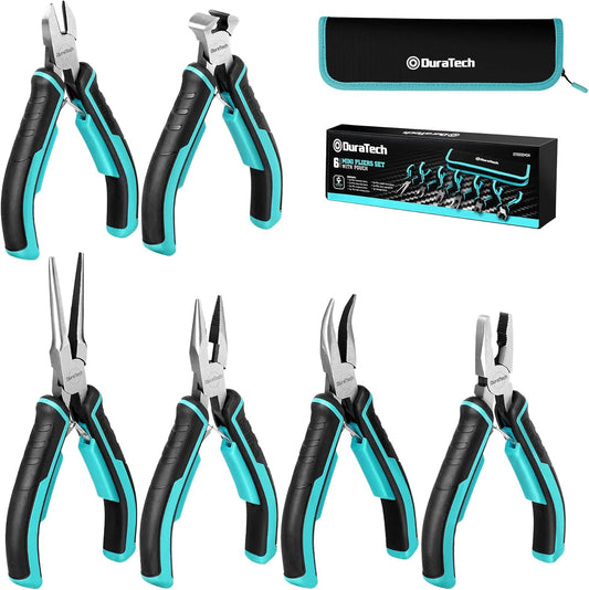 DURATECH Mini Pliers Set, 6PCS Jewelry Pliers Set, CRV Construction, Includes Needle Nose, Diagonal, Long Nose, Bent Nose, End Cutting and Linesman Pliers, for Making Crafts, Repairing Electronic