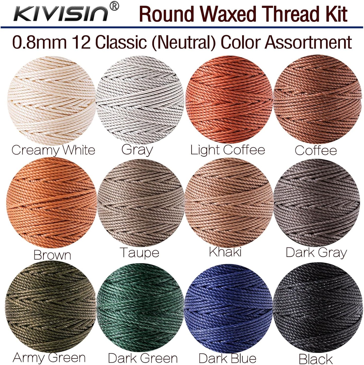 12 Classic Colors Round Waxed Thread, 0.8mm 35Yards Spool Polyester Wax Coated Cord Heavy Duty String for Leather Sewing, Stitching, Bookbinding, Upholstery Repairing and Micro Braiding