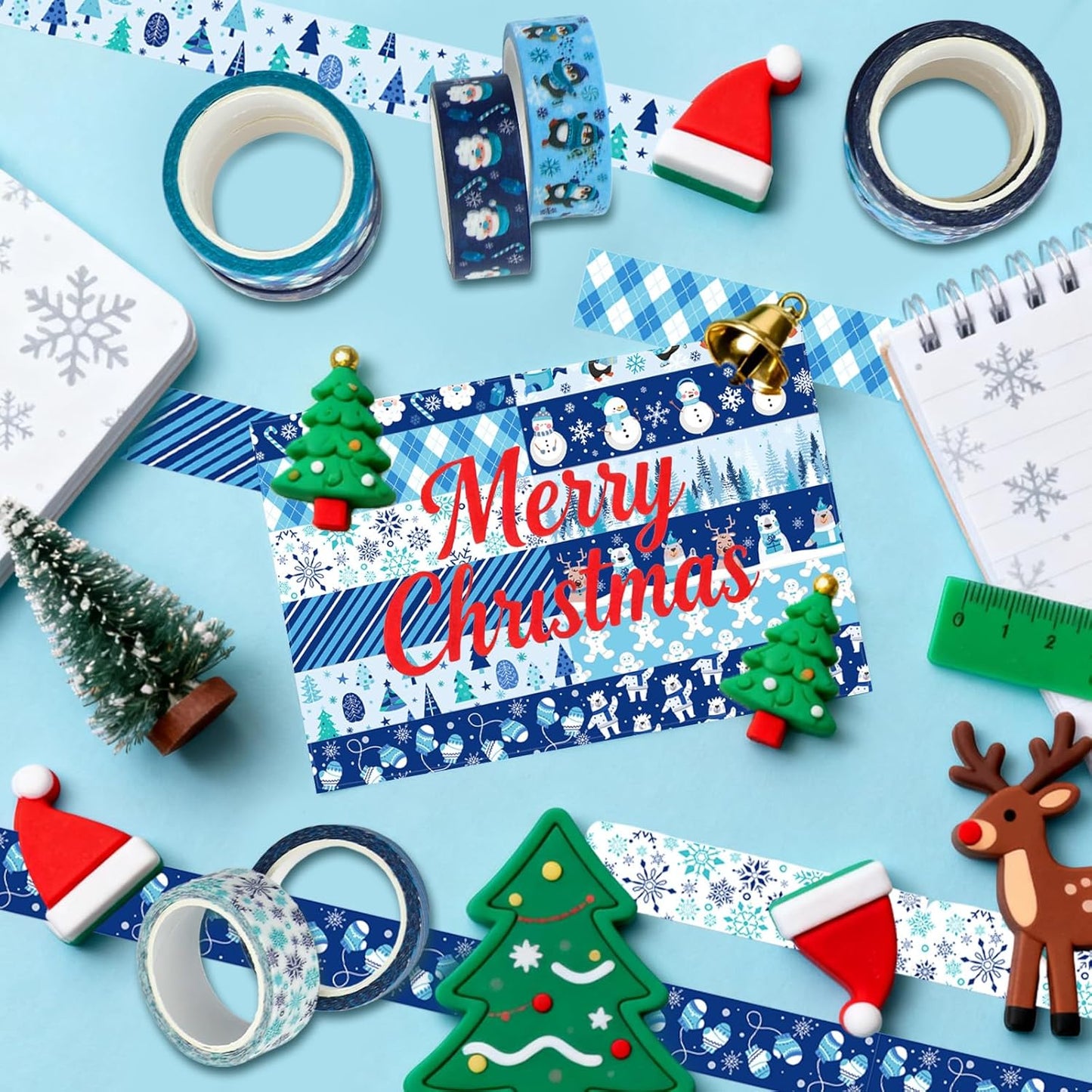 12 Rolls Winter Washi Tape Set Blue White Snowflake Snowman Holiday Masking Tape Xmas Tree Reindeer Penguin Holiday Decorative Tapes for Scrapbook Journal DIY Craft Gift Wrapping Party Decor 16.4FT