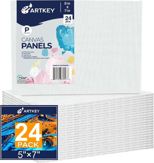 Artkey Canvas Boards 5x7 Inch 24-Pack, 10 oz Primed 100% Cotton White Blank Canvases for Painting, Art Paint Canvas Panels for Acrylic Oil Watercolor Tempera Paints