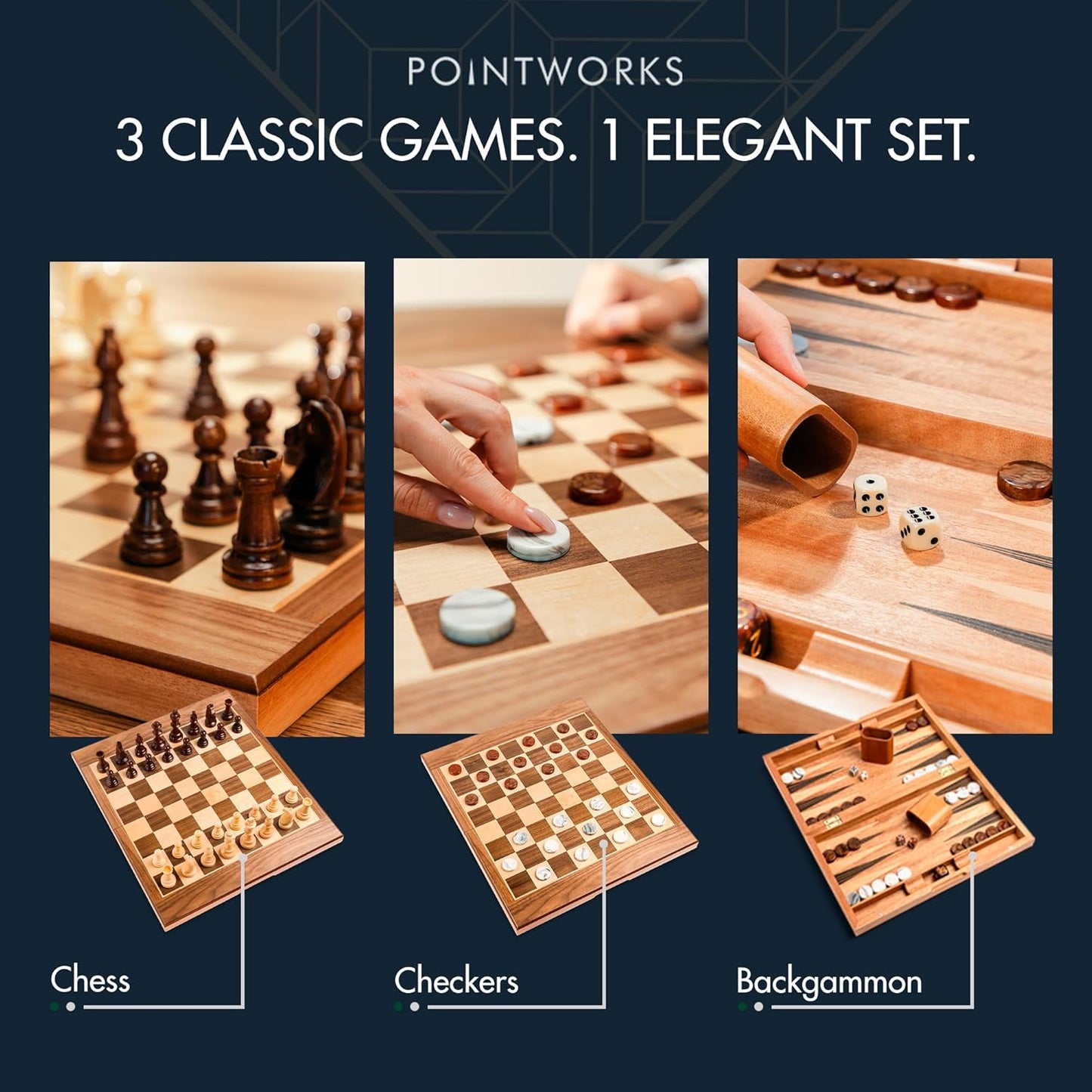 17 Inch Chess Checkers Backgammon Set for adults, Wooden chess set combo, portable folding two sided board multi game design, maple walnut inlay with large weighted pieces, acrylic checkers