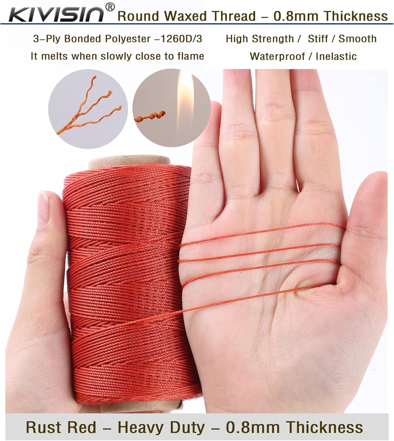 Bonded 0.8mm Round Waxed Polyester Cord, 3-ply Wax Coated Thread, 197 Yards Stiff String for Heavy Duty Fabric, Leather Sewing, Book Binding, Upholstery Repair, and Macrame Jewelry - Rust Red