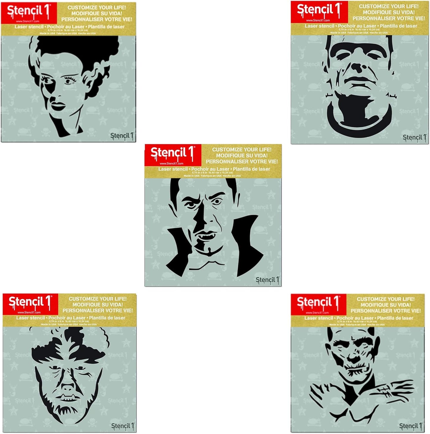 Halloween Monsters 5 Pack Stencil Set, Pumpkin Stencils, Halloween Motifs, Includes Dracula, Frankenstein, Bride, Werewolf, Mummy, Each Measure 5.75 x 6