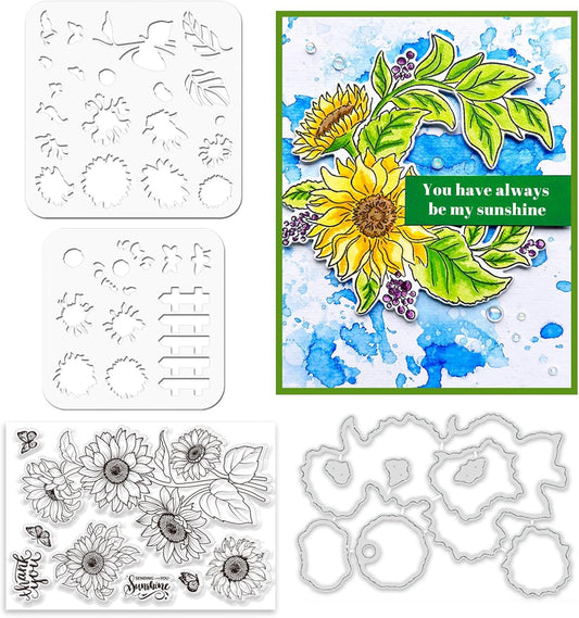 ORIGACH Realistic Sunflower Stamps and Dies and Layering Coloring Stencil Set, Silicone Stamps Metal Die Cut and Flower Stencil Template for Card Making Scrapbooking DIY Crafting