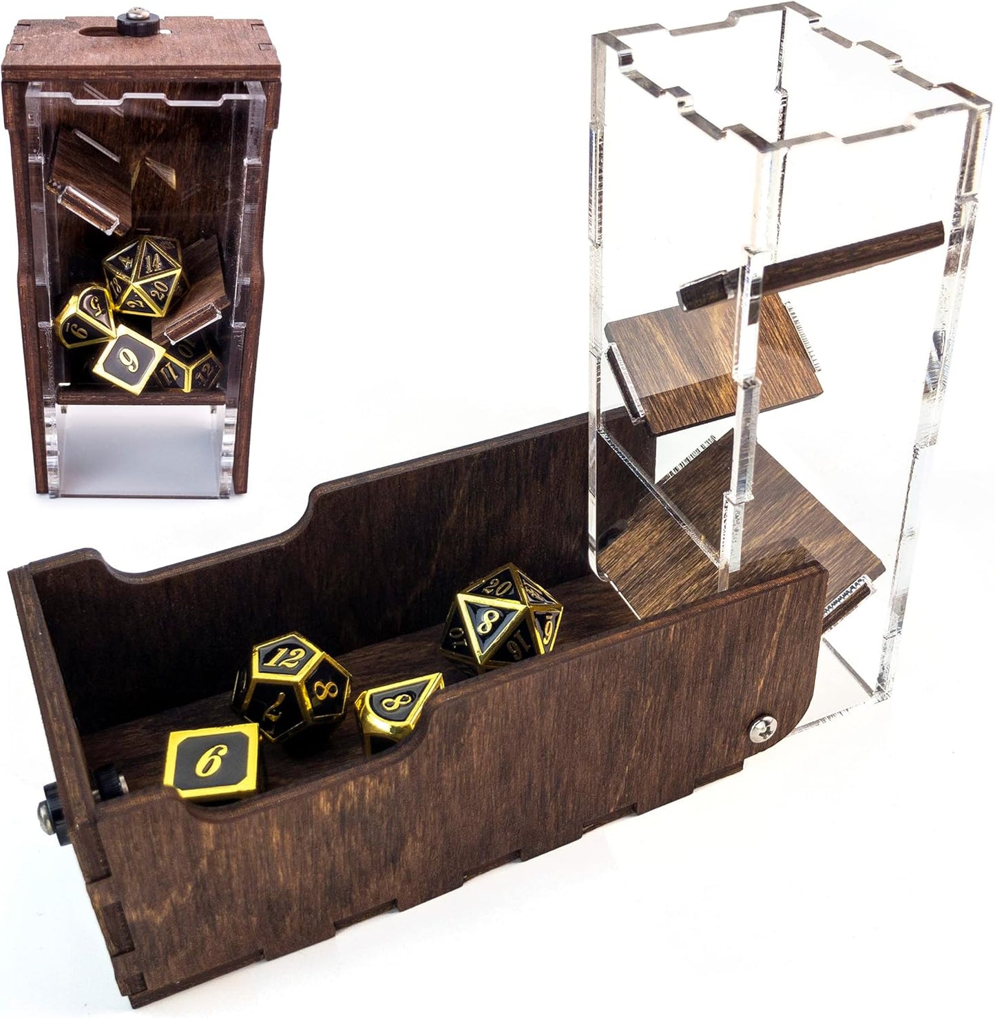 C4Labs Micro Travel Portable Dice Tower and Dice Vault | Fits Standard Seven Set of Dice (Walnut)