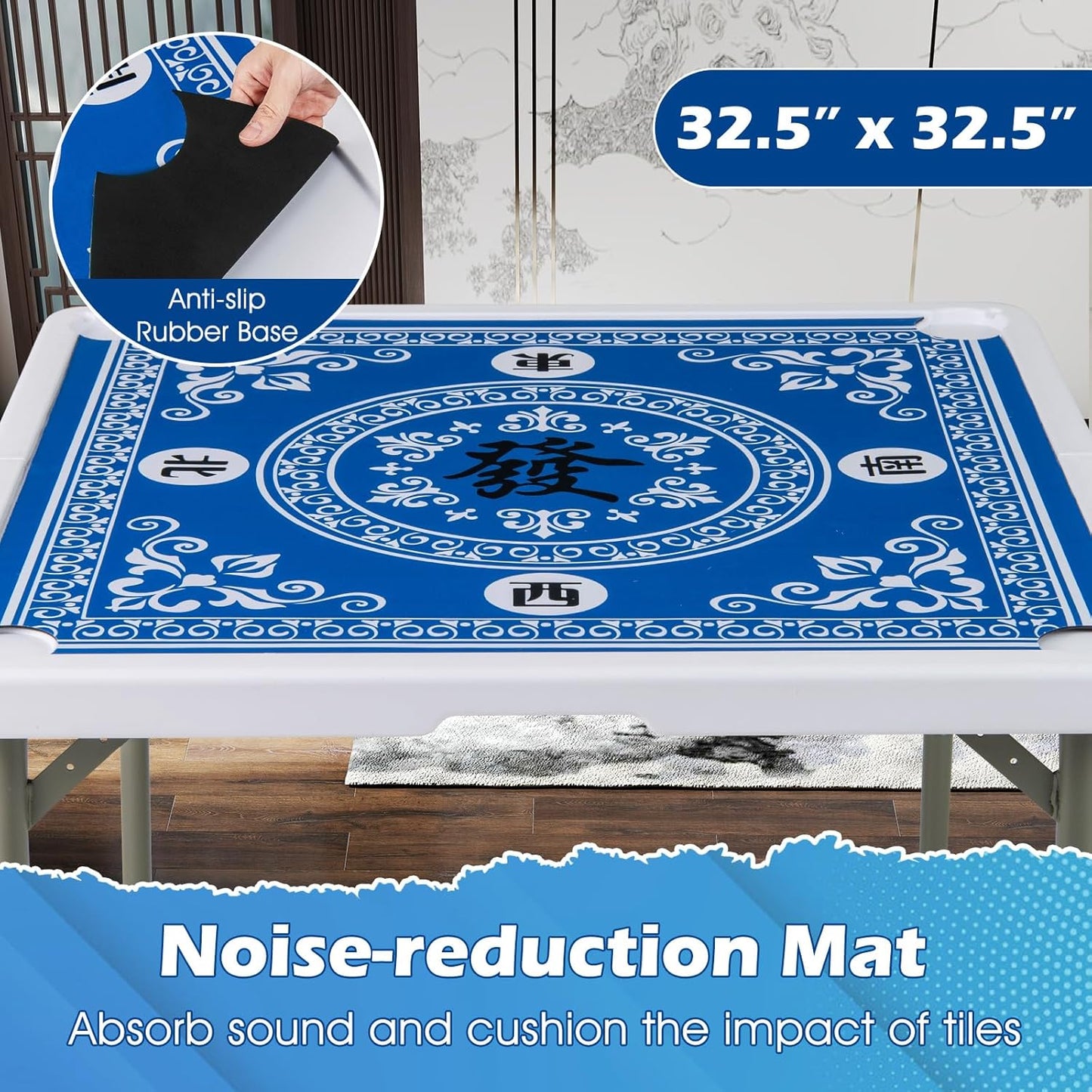 Giantex Folding Mahjong Table, 35" Square Card Table with Cup Holders, Removable Noise Reduction Mat, HDPE Tabletop, 4-Player Portable Domino Tables for Poker Blackjack Board Game (Blue)