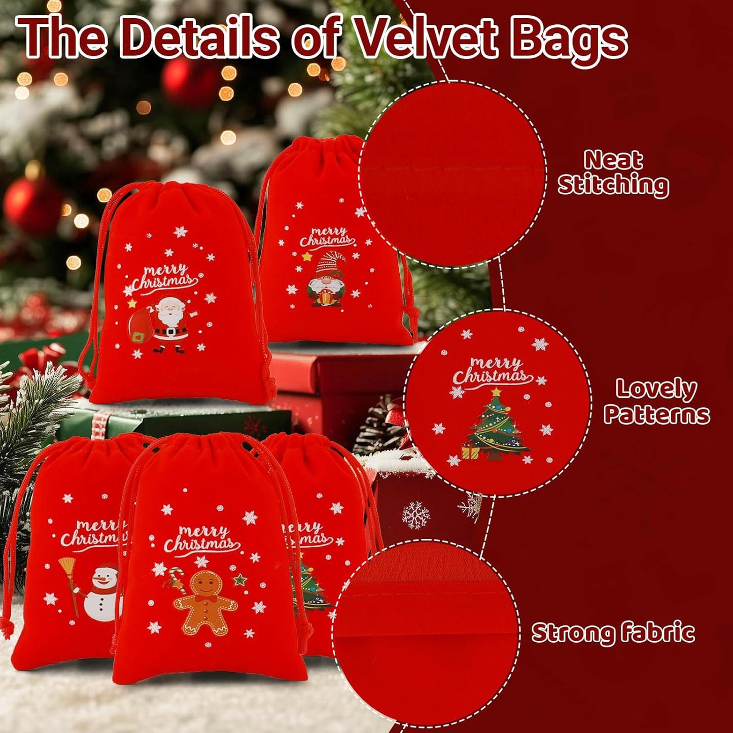 Tapleap Velvet Coth Christmas Bags with Drawstring, 50Pcs 3x4 for Wrapping Christmas Party Favors or Gifts for Friends, Children, Customers