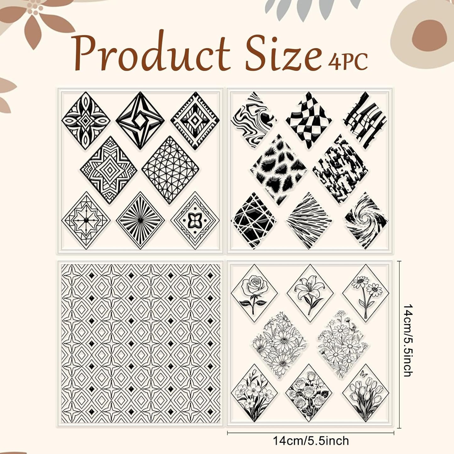 CHGCRAFT 4 Pcs Rhombus Pattern Polymer Clay Texture Sheets Abstract Art Silicone Texture Stamp Rhombus Flowers Modeling Pattern Pad Sheets for Jewelry and Earrings Tools, 5.5x5.5 inch