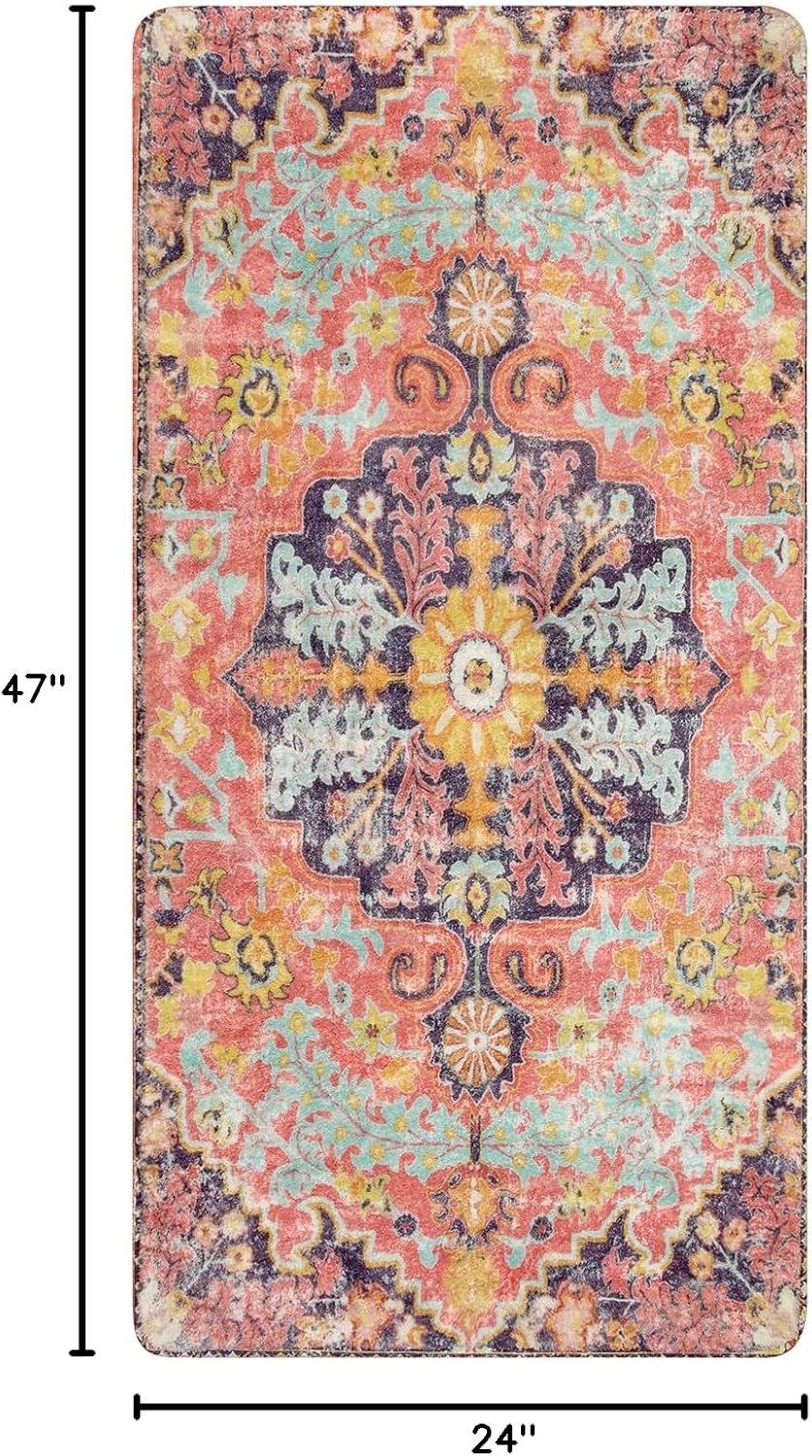 Lahome Bohemian Floral Medallion Runner Rug - 2x4 Hot Pink Bathroom Rug Runner, Machine Washable Non-Slip Hallway Mat Indoor Laundry Accent Carpet Runners for Kitchen Living Bedroom RV, Fuchsia/Multi