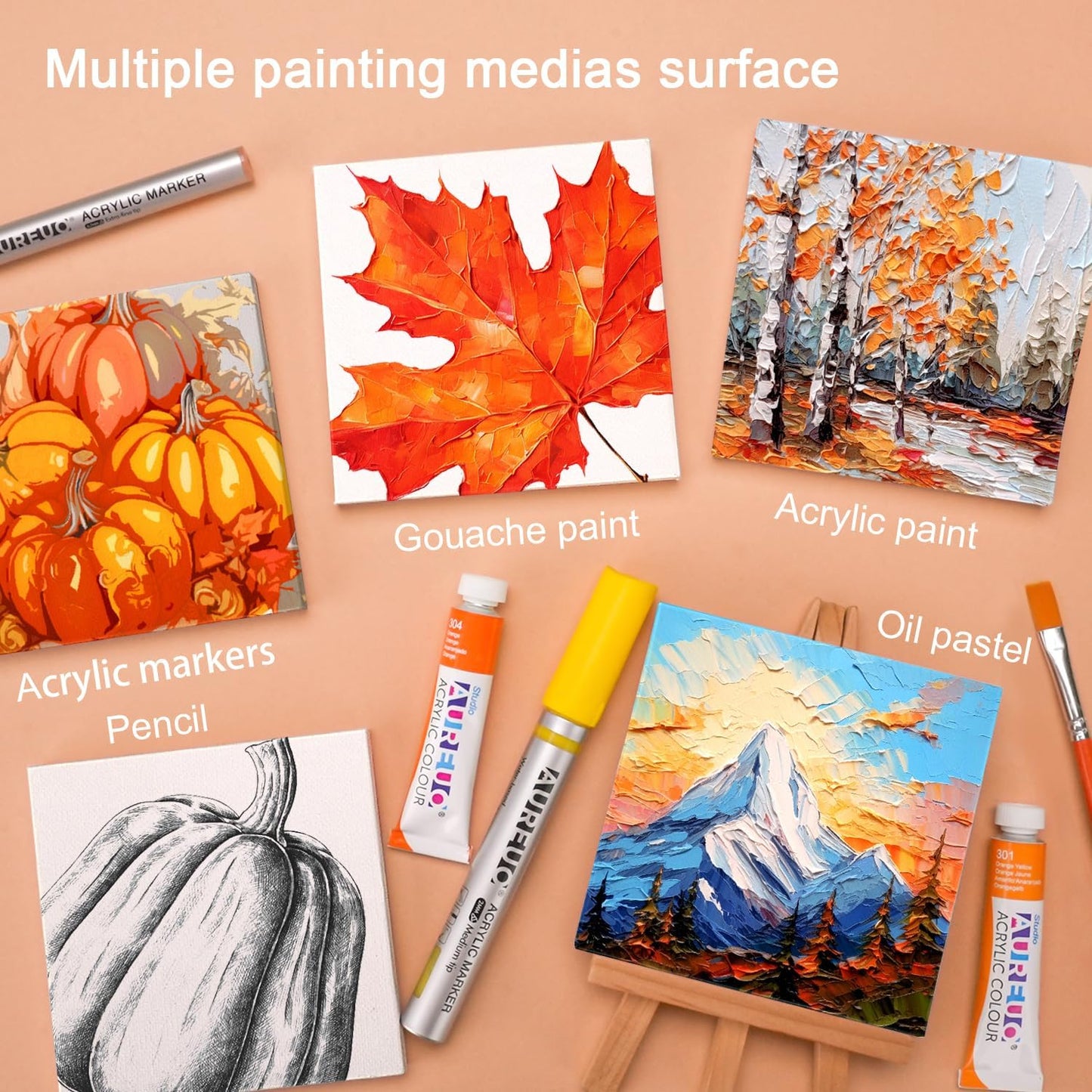 AUREUO Mini Canvas and Easel Set - 4x4 Inch/ 12 Pack - 2/5 Inch Profile Small Square Canvas with Display Stand - Art Gift Set Bulk Pack Canvases for Acrylic Painting & Craft