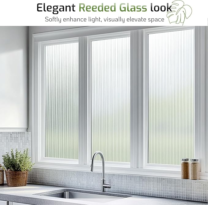 LUTE Reeded Glass Window Privacy Film, Frosted Glass Film, Removable 3D Decorative Decals Sun Blocking Anti UV Door Window Cover, No Glue Static Cling Vinyl for Bathroom Home Office, 35.4" x 118.1"