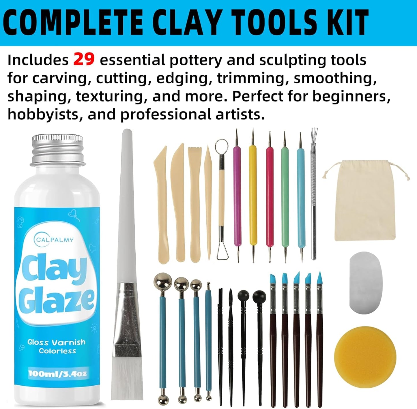 CALPALMY 100ml Gloss Air Dry Clay Glaze with 29pcs Clay Tools Kit – Clay Varnish Sealant for Surface Protection, Pottery and Sculpting Tools for Carving, Shaping, and Molding Crafts
