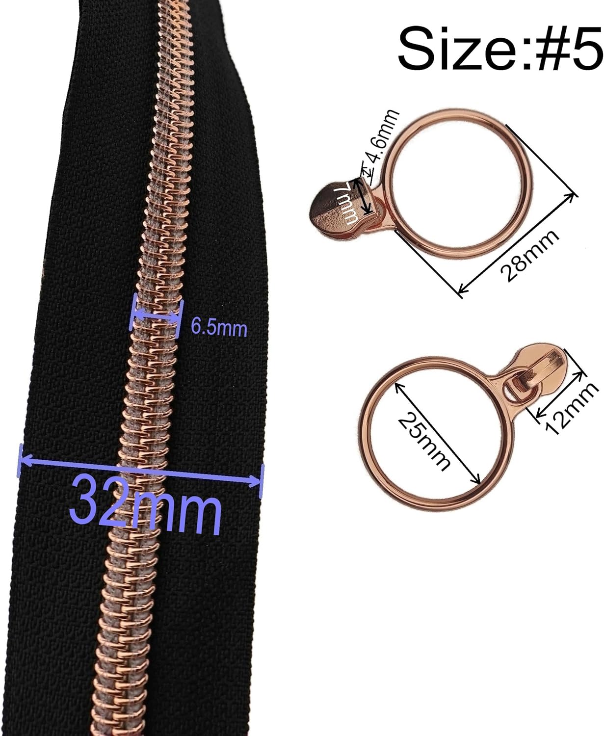 Leekayer #5 Rose Gold Metallic Teeth Nylon Coil Zippers by The Yard Bulk 10 Yards Black Zipper Tape with 25pcs Rose Gold Ring Pull Sliders for DIY Sewing Tailor Craft Bag(Black)