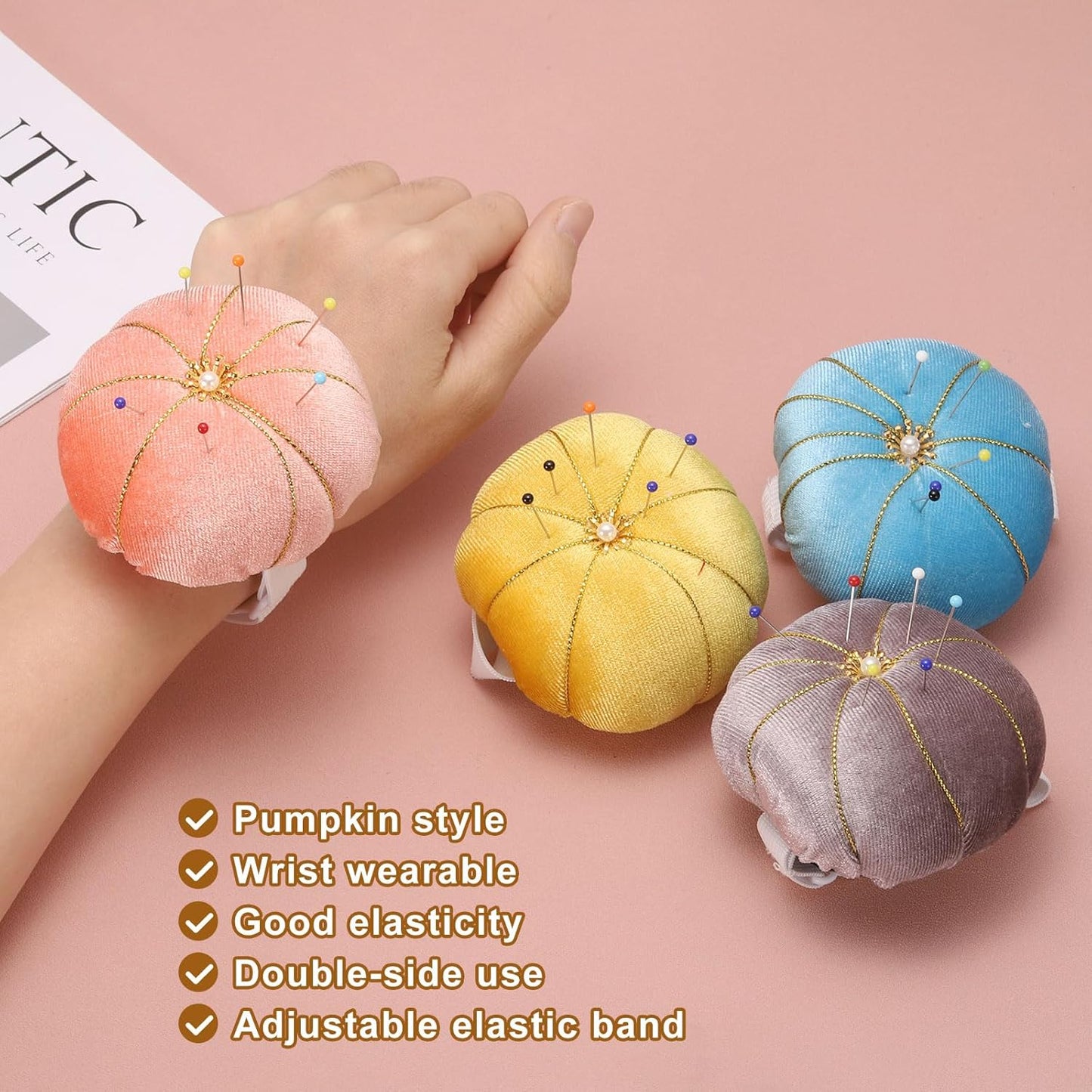 HARFINGTON Wrist Pin Cushion Wristband Sewing Pincushion Polyester Pin Holder Wearable Pumpkin Shaped Needles Wristband with 100 Head Needles for Sewing Quilting DIY Crafts, Blue