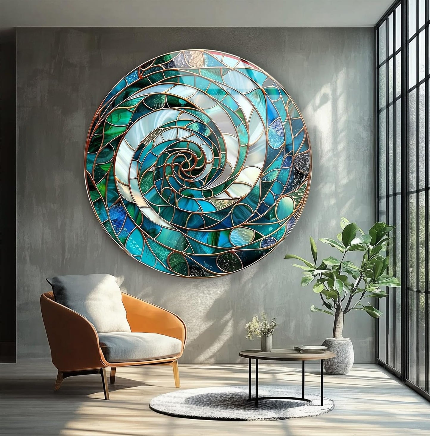 My Photostation.com 15.8''(40cm) Diameter Aqua Spiral Harmony Round Glass Wall Art Tempered Glass Printing Wall Decor Large Wall Art Wall Hangings
