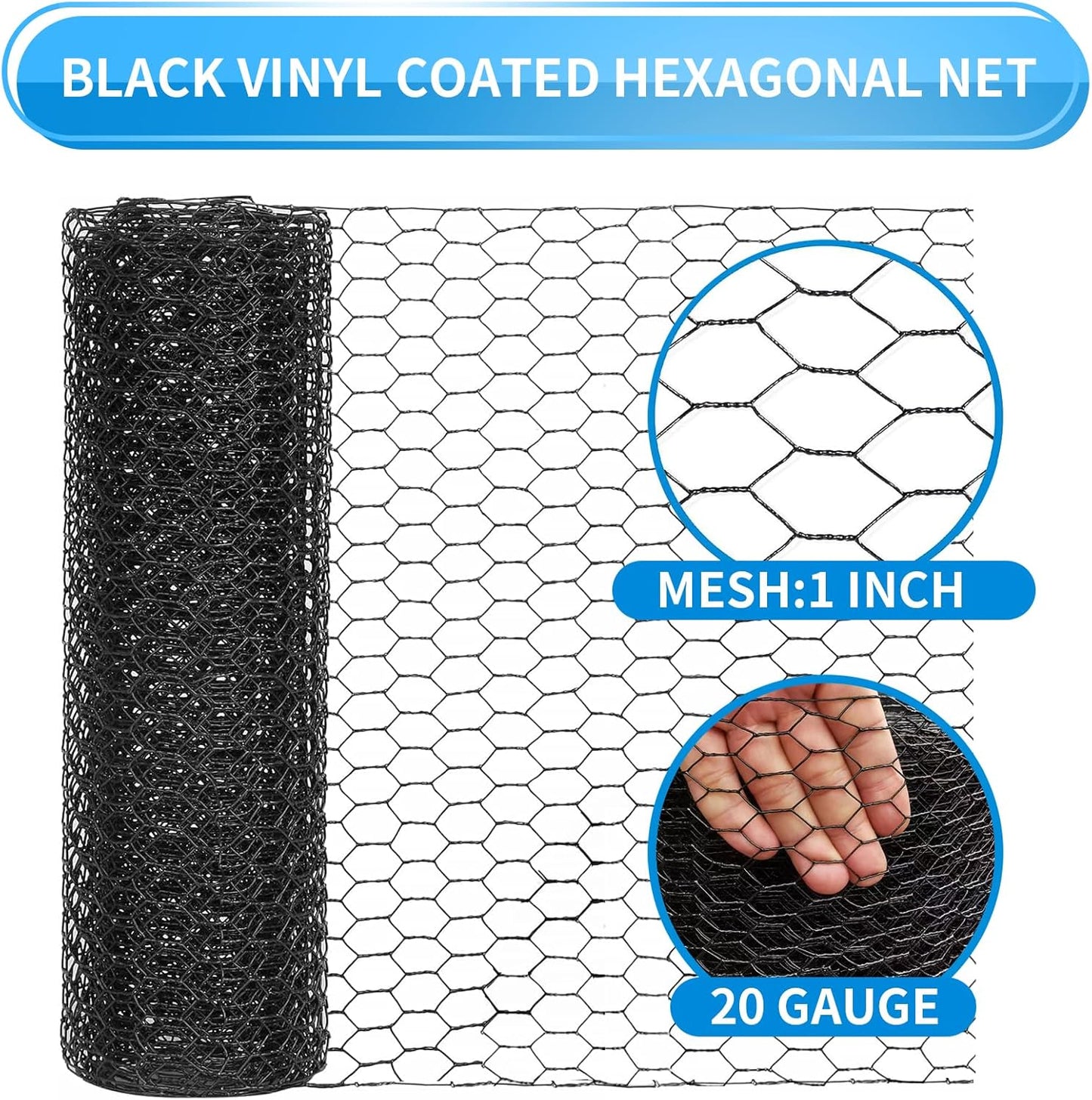 72'' x 150' Black Chicken Wire Fencing, 1 inch Chicken Wire and 20 Gauge Poultry Netting, Garden Mesh Fence Roll for Floral Arrangements/Crafts/Farm/Livestock/Pet Protection