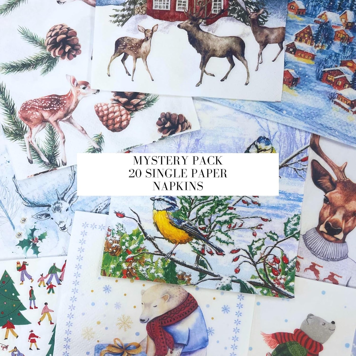 Mystery Pack Decoupage Paper Napkins, 20-ct Assorted Surprise Napkins, Decorative Napkins for Art Craft Junk Journal, Scrapbooking, 20 Different Winter Designs