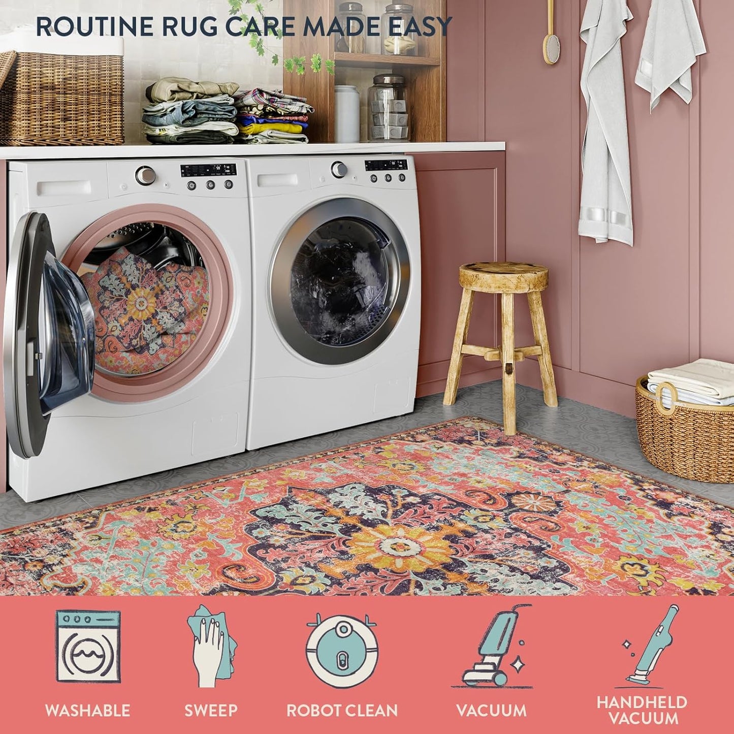 Lahome Bohemian Floral Medallion Round Rug - 4Ft Hot Pink Soft Round Area Rug Bedroom Kitchen Mat, Turkish Washable Indoor Floor Accent Bathroom Carpet for Nursery Living Room Home Office Hallway