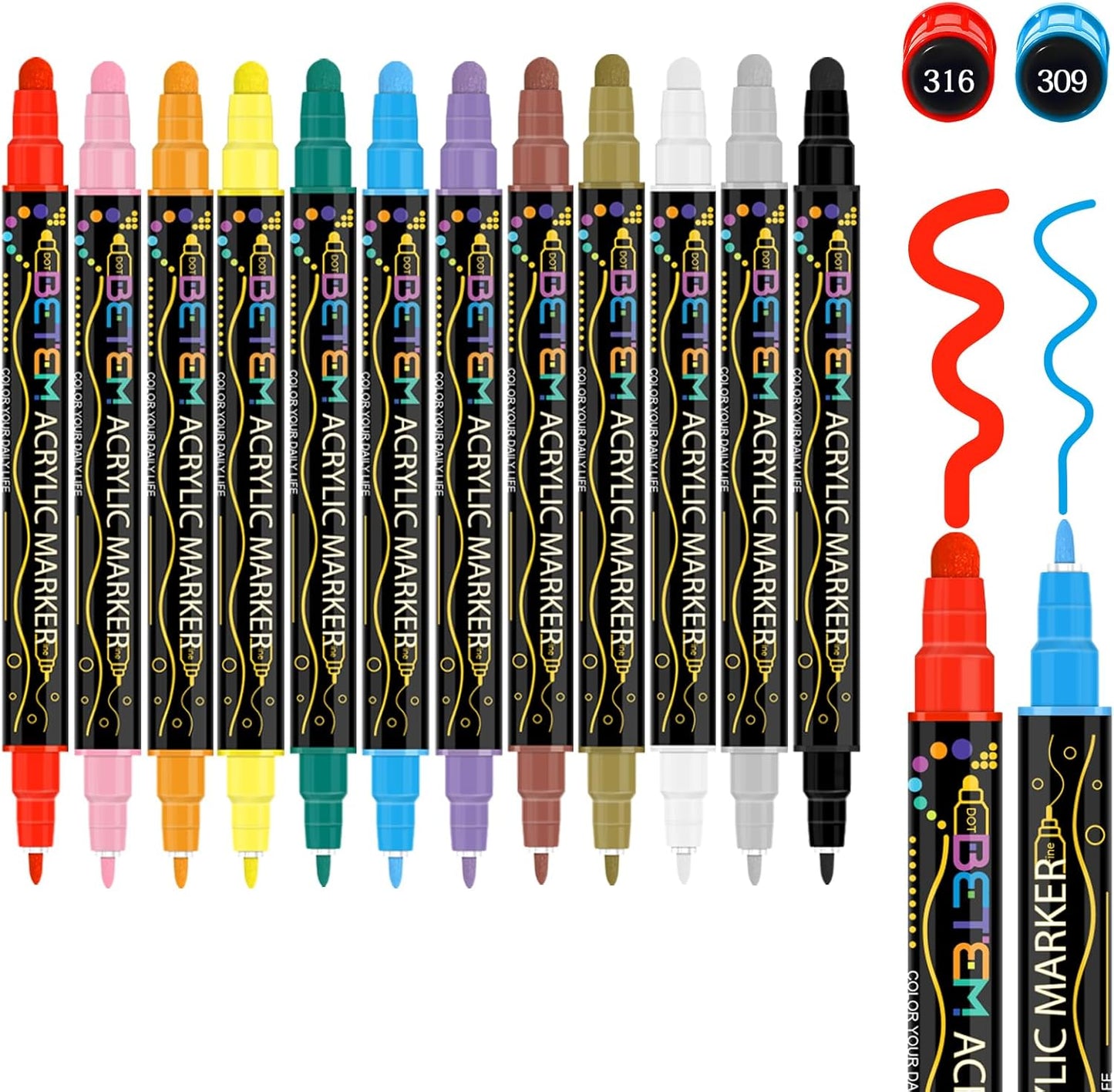 Betem 12 Colors Dual Tip Acrylic Paint Pens Markers, Premium Acrylic Paint Pens for Halloween Decorations, Wood, Canvas, Stone, Rock Painting, Glass, Ceramic Surfaces, Pumpkin Painting Kit DIY Crafts