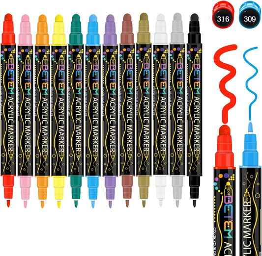 Betem 12 Colors Dual Tip Acrylic Paint Pens Markers, Premium Acrylic Paint Pens for Halloween Decorations, Wood, Canvas, Stone, Rock Painting, Glass, Ceramic Surfaces, Pumpkin Painting Kit DIY Crafts