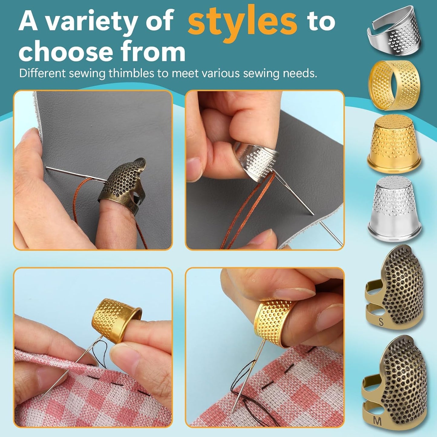 ZMAAGG Thimbles for Hand Sewing, 8 PCS Sewing Thimble Kit, Metal Finger Protectors, Thimble Ring for Hand Quilting and Embroidery