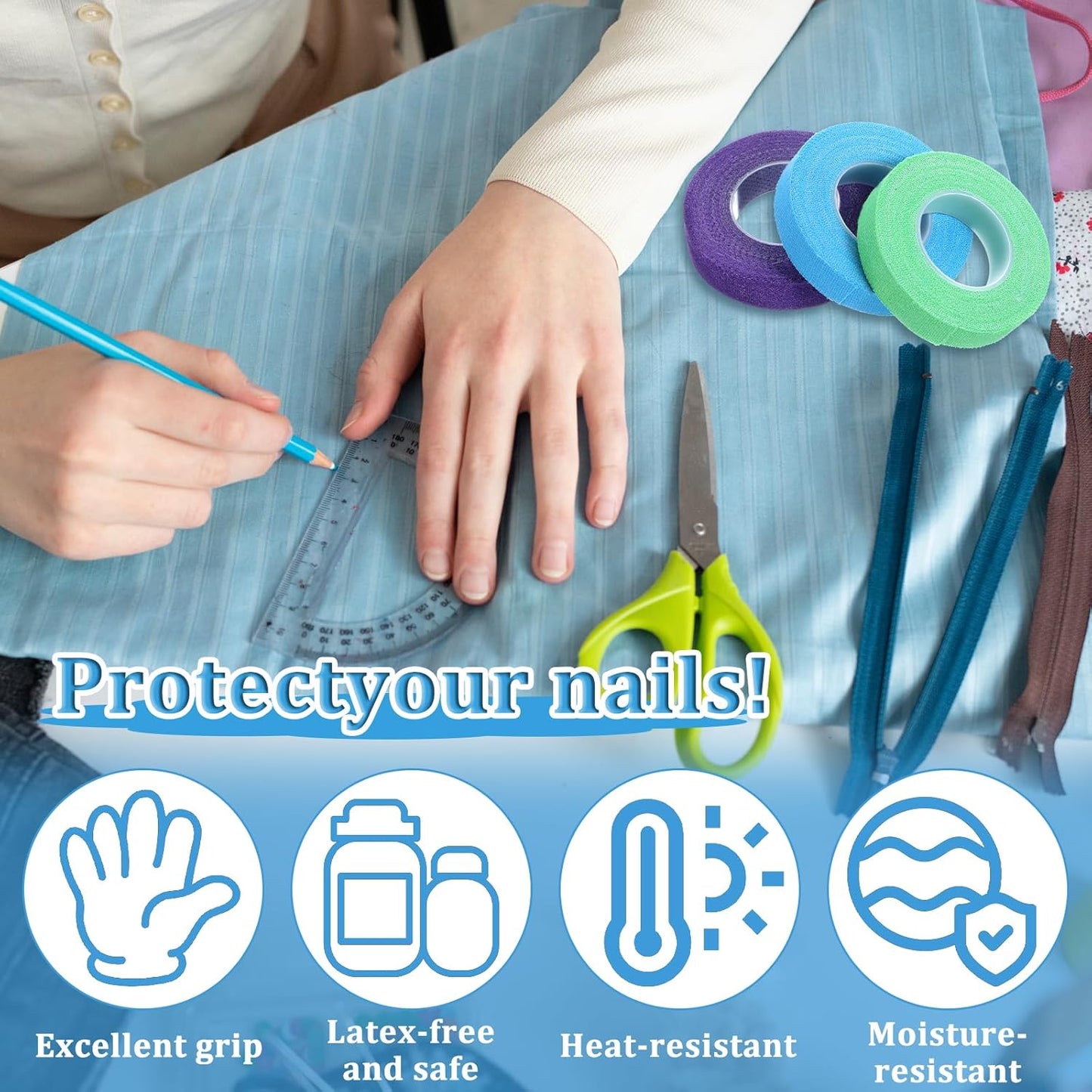 3 Rolls Thimble Tape for Hand Sewing, Self-Adhesive Cotton Finger Protector, Breathable Finger Tape Adjustable Knitting Bandage for Quilting, Embroidery DIY Crafts (Green, Purple, Blue)