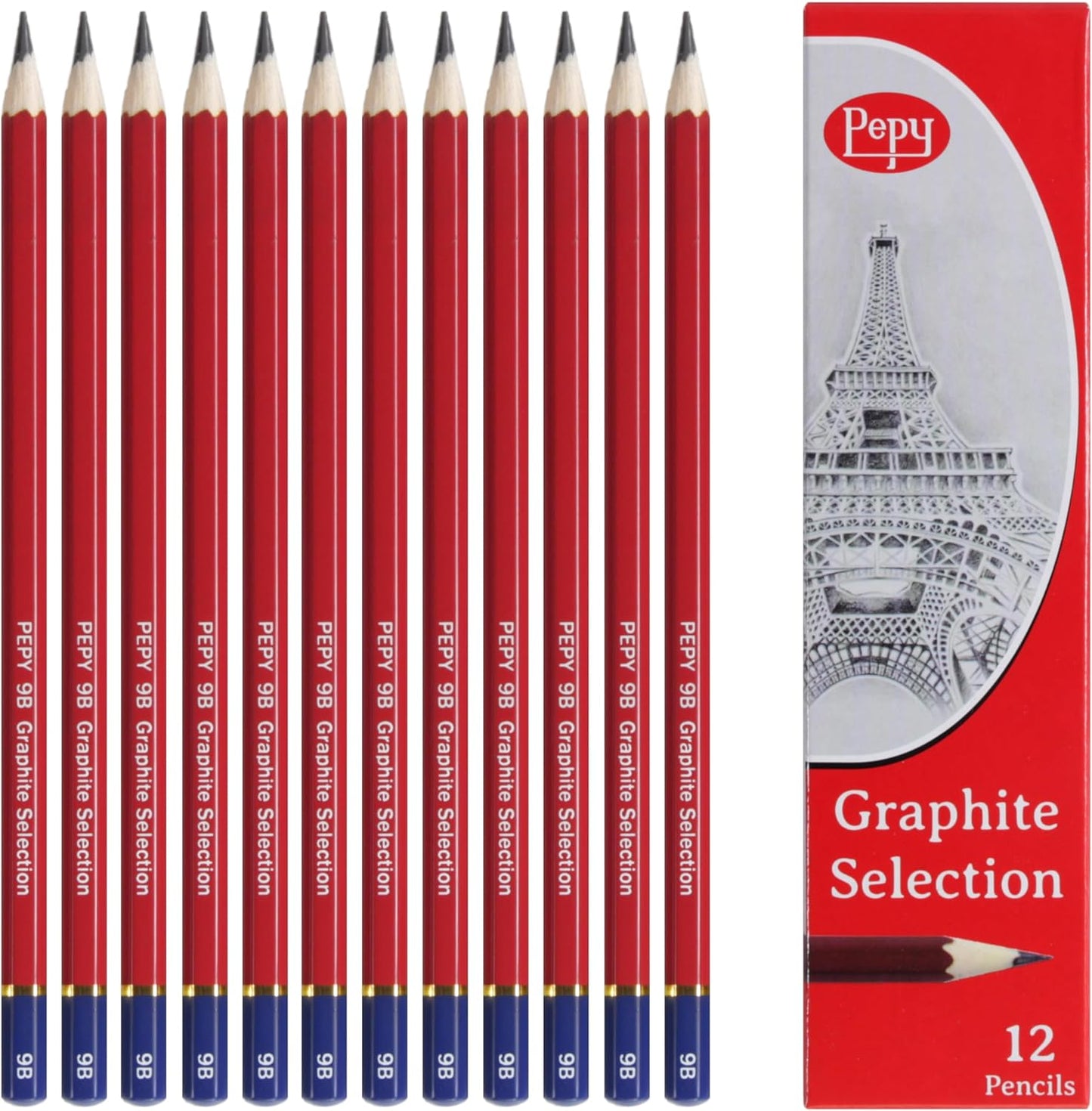 Pepy Graphite Professional Drawing Pencils - Set of 12 9B Pre-Sharpened Black Lead Pencils; Perfect for Drawing, Sketching and Shading, Graphic and Fine Art