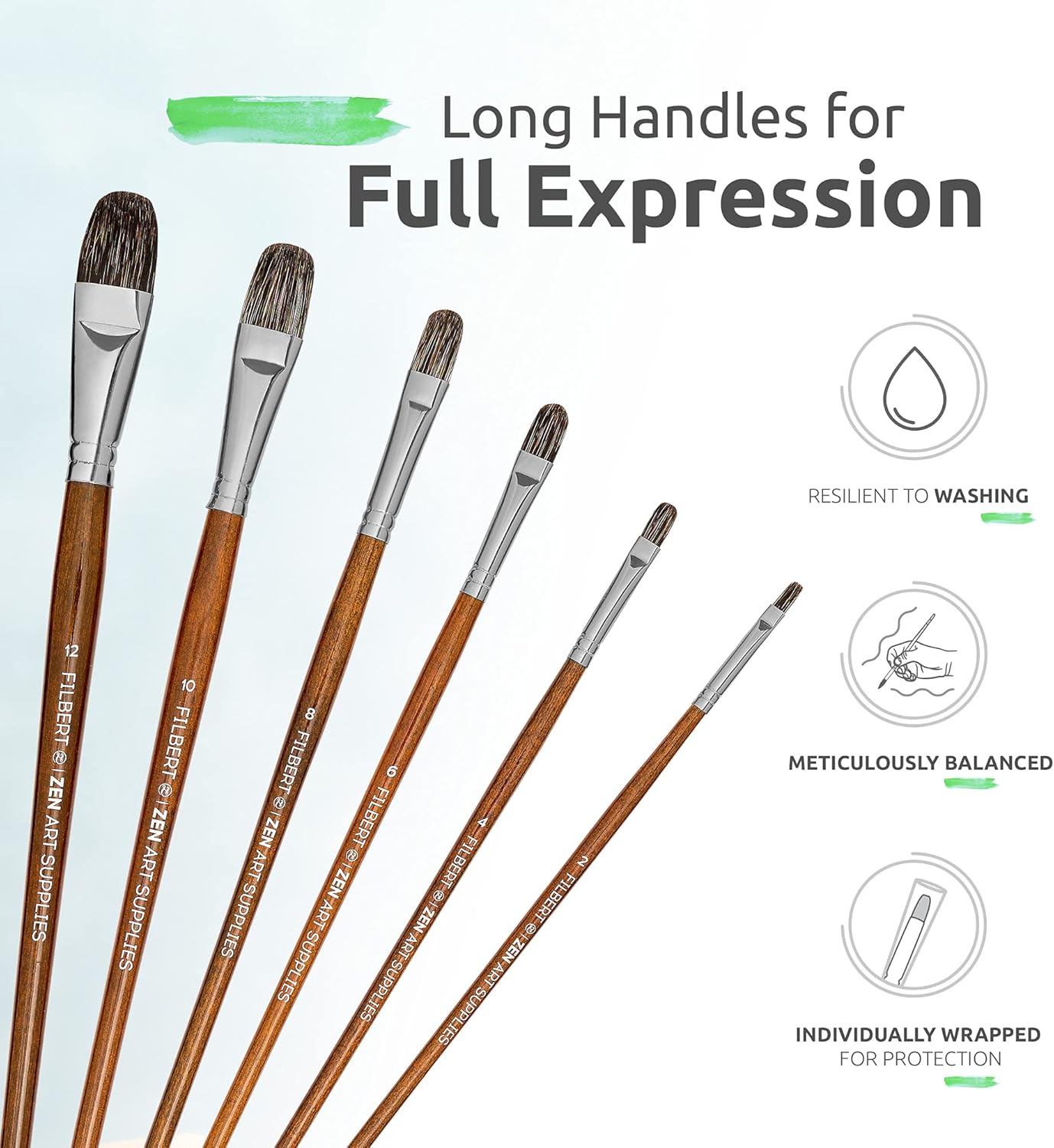 Professional Filbert Paint Brushes for Oil & Acrylic – 6pc Acrylic Paint Brush Set 2, 4, 6, 8, 10, & 12 with Durable Badger/Synthetic Bristles – Long Lacquered Birchwood Handles, No Shedding by ZenART