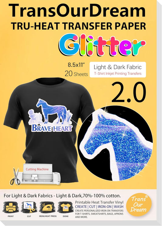 TransOurDream Glitter 2.0 Heat Transfer Paper for Inkjet Printer (20 Sheets, 8.5x11'') Printable Heat Transfer Vinyl for T Shirts Iron on Transfers for Light & Dark Fabrics(TOD-GL2-20)