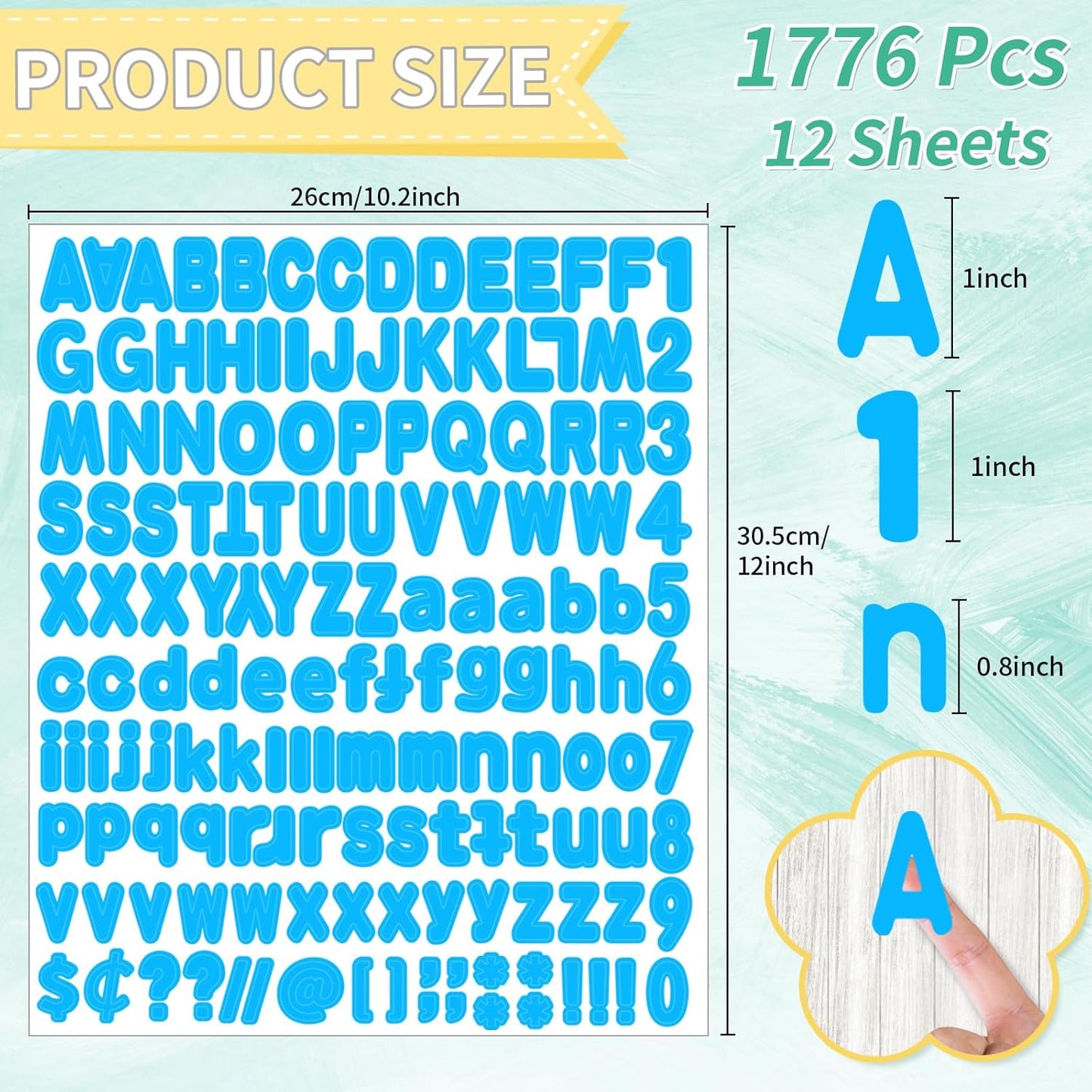 Alphabet Stickers, 1'' Inch 12 Sheets Light Blue Letter Stickers, Self-Adhesive Vinyl Mailbox Numbers, Letters for Bulletin Boards, Classroom & Home Decor