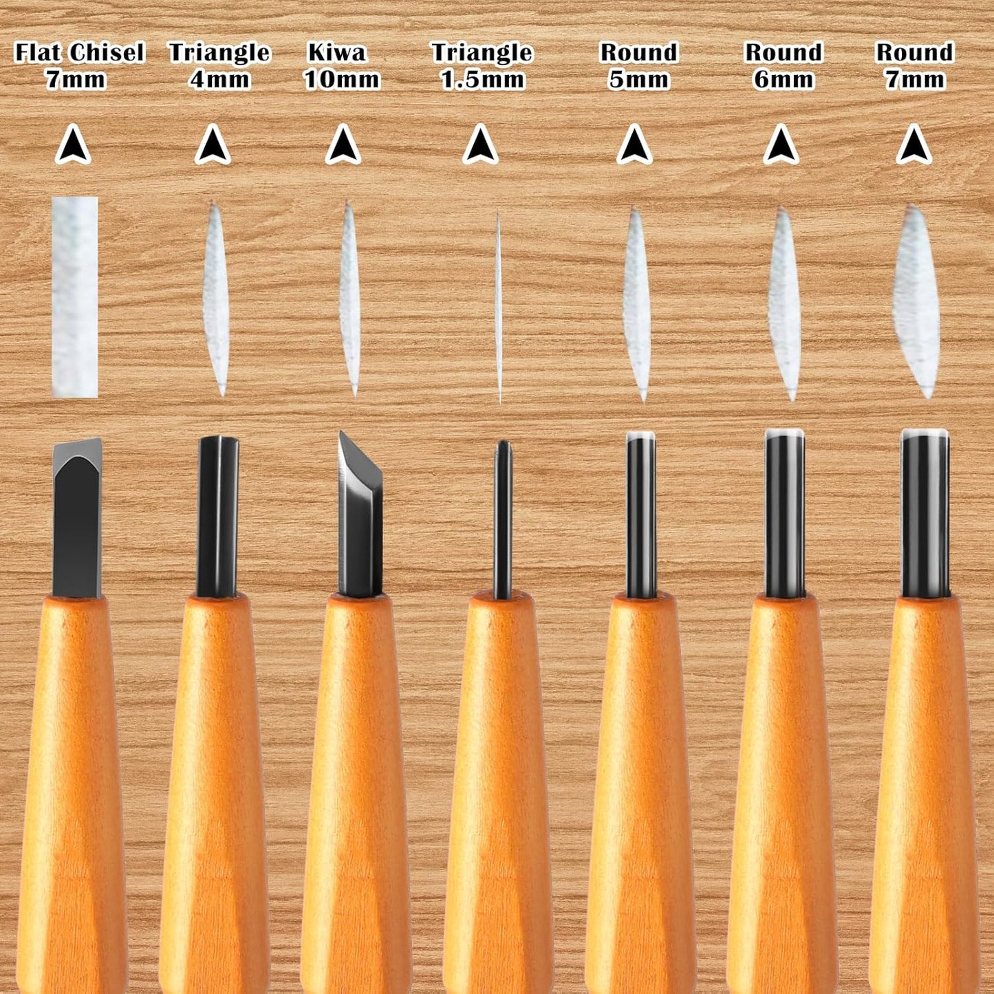 Lasnten 7 Pcs Wood Pumpkin Carving Tools Set Linoleum Hand Wood Knife Chisels Flat V-shaped Half Round Angled Gouge Carving Kit for DIY Linocut Printmaking Woodblock