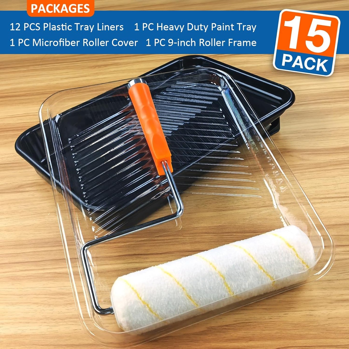 Great Andrew 9 Inch Paint Tray Set, 15-Pack, Plastic Paint Tray with 12 Textured Tray Liners, Paint Roller Liners Kit with Roller and Wire Roller Frame for Painting Walls, Ceilings, Trim, Siding