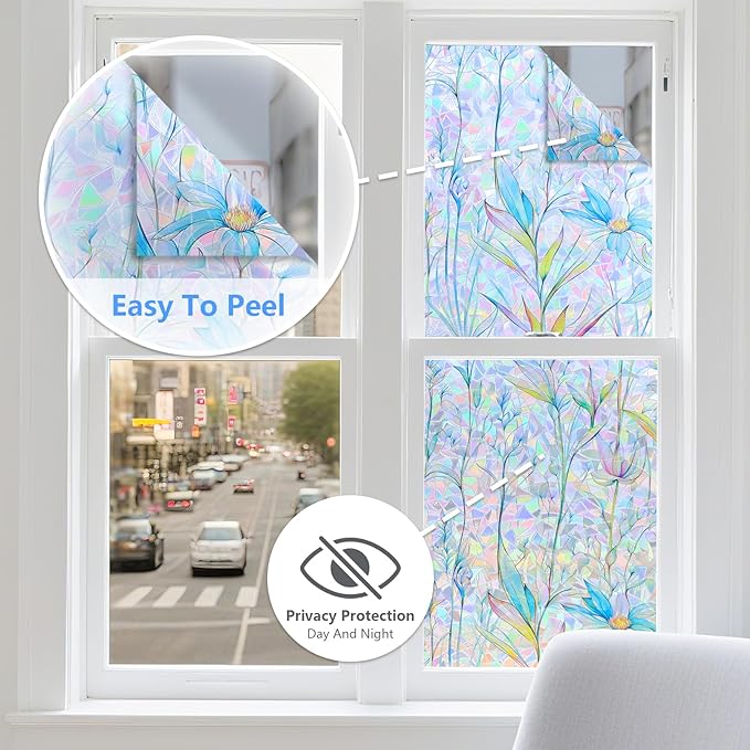 FINNEZ Window Privacy Film Stain Glass Film Flowers Rainbow Window Film Window Clings Non-Adhesive Reusable Decorative for Home（Blue Lotus，23.6 Inch x 13.1 Feet）