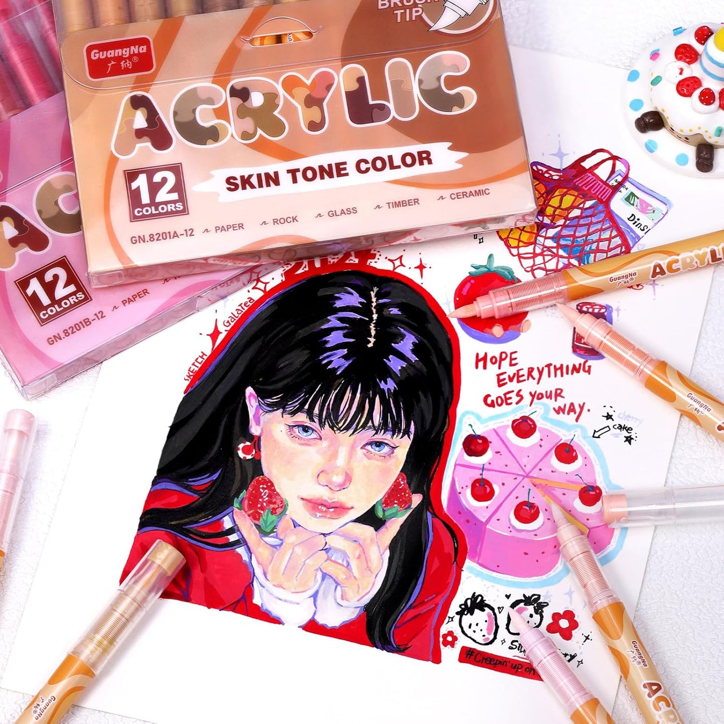 Guangna Acrylic Paint Markers 12 Colors, Skin Tone Series Set with Soft Brush Tip Water Based, Fine Tip Markers for Wood, Canvas, Rock Painting, Glass, Diy Crafts, Fabric Paint