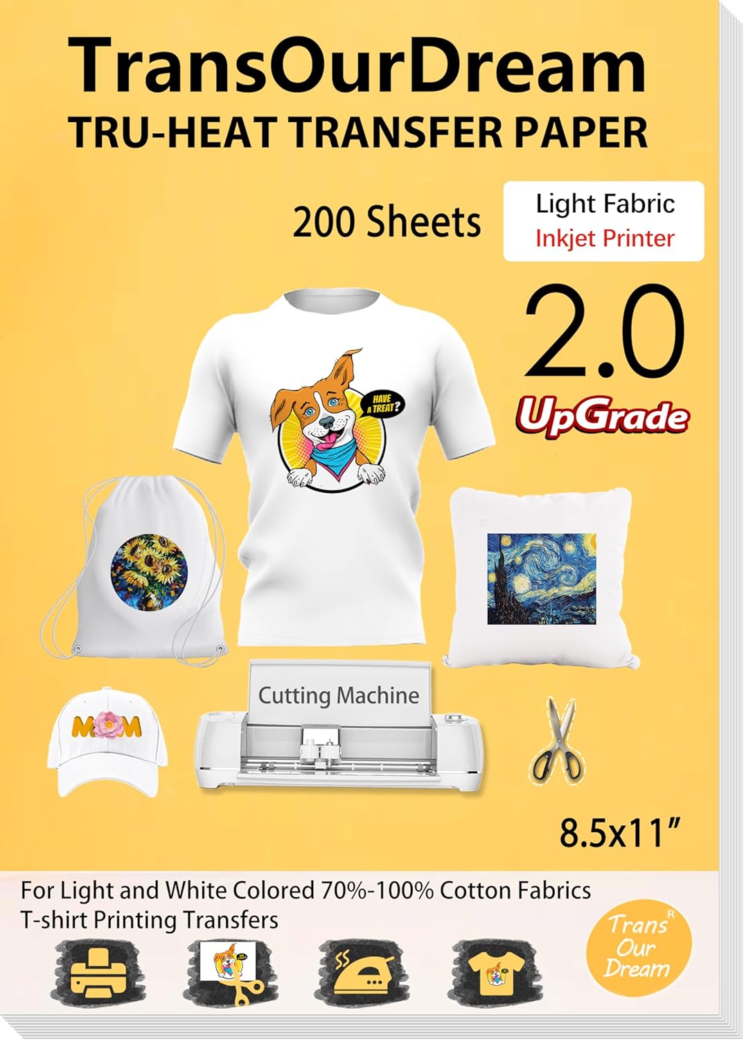 TransOurDream Heat Iron on Transfer Paper for Light T Shirts (200 Sheets, 8.5x11", 2.0) Printable HTV Heat Transfers Vinyl for Inkjet Printer, Iron on Transfers for Light Fabric