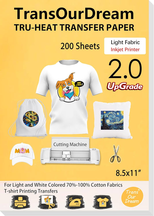 TransOurDream Heat Iron on Transfer Paper for Light T Shirts (200 Sheets, 8.5x11", 2.0) Printable HTV Heat Transfers Vinyl for Inkjet Printer, Iron on Transfers for Light Fabric