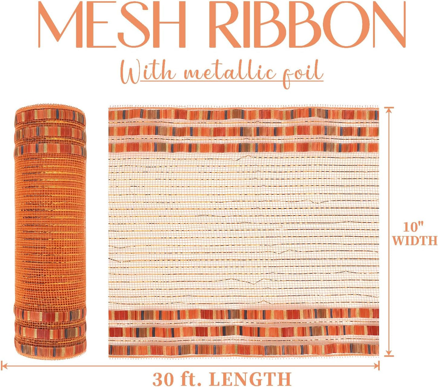 MEEDEE Orange Mesh 10 Inch Ruffle Patterned Metallic Mesh Ribbon Fall Colors, Ideal for Wreaths, Garland, Christmas Tree, Gift Wrapping, Bows Making (30 Feet)