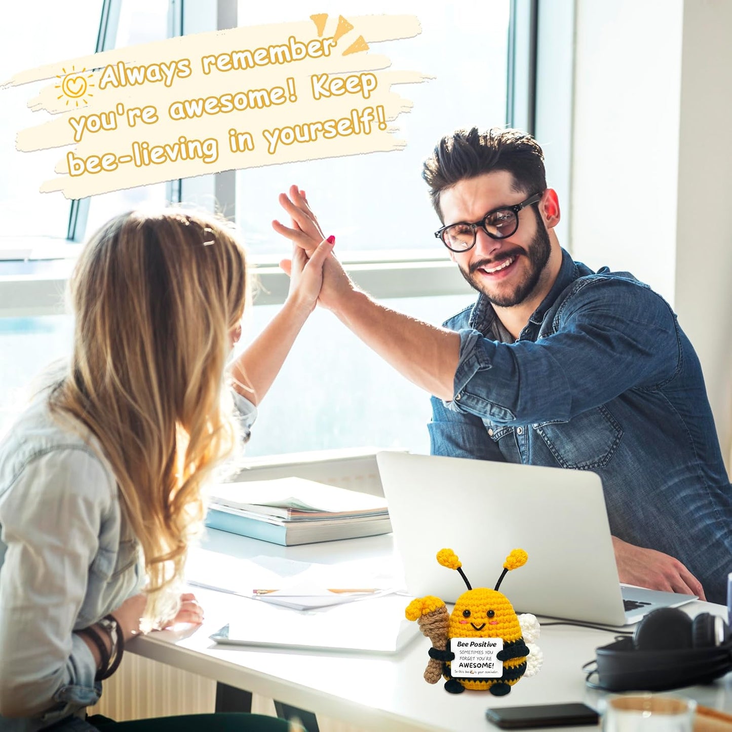 Positive Crochet Animals Bee Gifts - Birthday Gifts for Women Men, Inspirational Gift for Sister Friends Coworkers Boss, Appreciation Presents, Emotional Cheer Up Crochet Bee Cute Decor Small Stuff