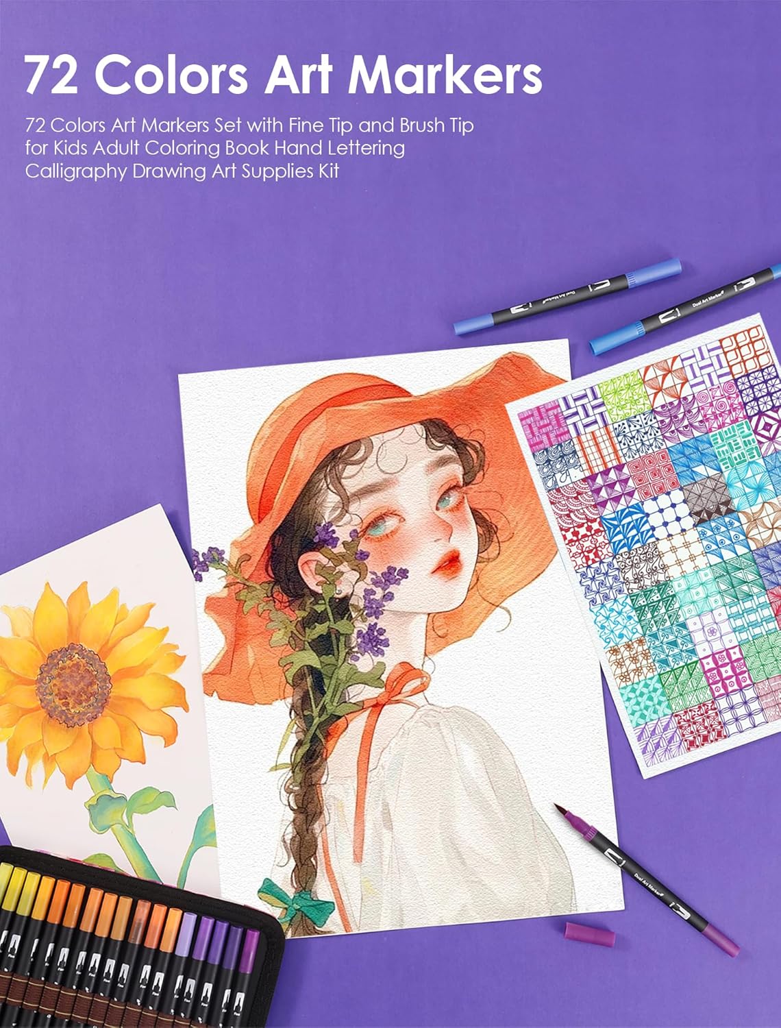 Dual Tip Markers, Double Brush Art Markers Set with Fine Tip and Brush Tip for Adult Coloring Book, Hand Lettering, Calligraphy & Drawing, Art Supplies Kit for Kids and Adults (72 Colors)