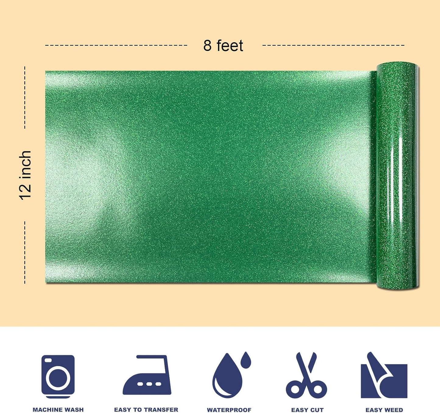 Christmas Green Glitter HTV Heat Transfer Vinyl, 12" x 8ft lron on Vinyl, for T-Shirt Ironing, Vinyl HTV Easy to Cut and Weed, The Best Choice for DIY Creativity. (Greener, 12" x 8ft)