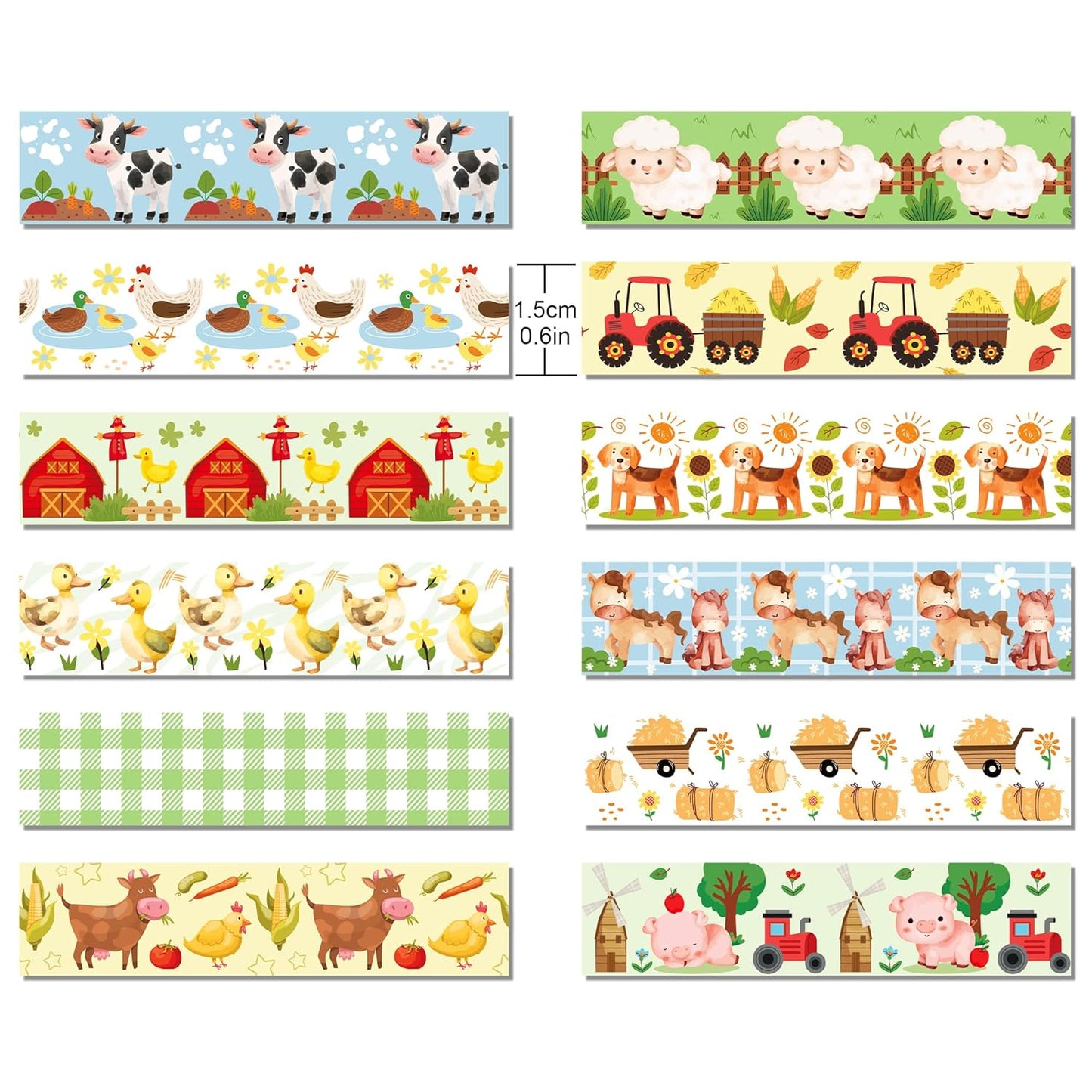 12 Pcs Farm Animals Washi Tape Farm Animals Masking Tape Decorations Farmhouse Cow Sheep Pig Ducks Decorative Paper Sticker for Vintage Journals, Planners, DIY Craft Gift Wrapping