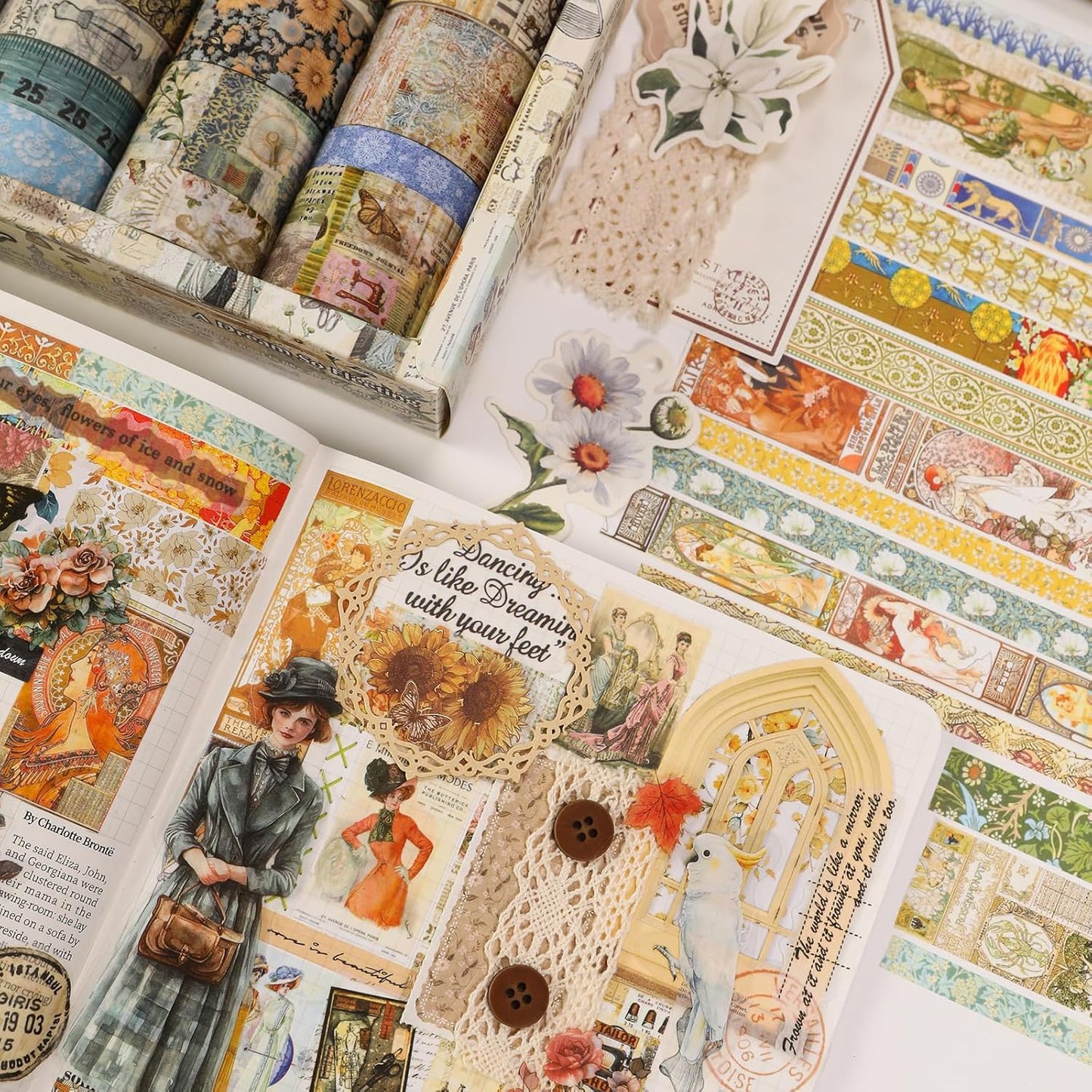 Vintage Washi Tape Set - 24 Rolls Arts Adhesive Tapes Assorted Retro Decorative Masking Tape Sets for Craft, Kids, Scrapbook, DIY, Gift Wrapping (7-Daily Vintage)