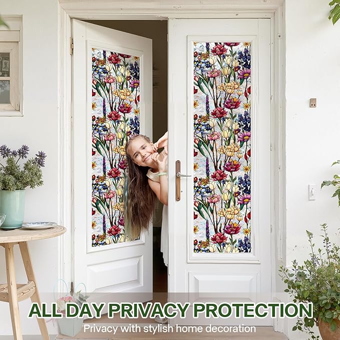 Stained Glass Window Film UV Resistant Window Privacy Film Colorful Flowers Privacy Rainbow Decals Living Room Bedroom Sun Blocking Decor Removable Static Cling Stickers 17 x 39.37 Inch