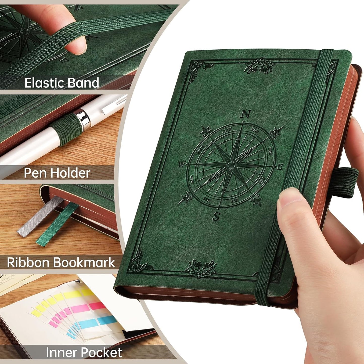 AHGXG Small Lined Pocket Journal Notebook for Men - 256 Numbered Pages College Ruled B6 Mini Journal, Vintage Soft Leather Hardcover, 80gsm Paper, for Women Work Office School, 4.1'' X 5.7''- Dark Green