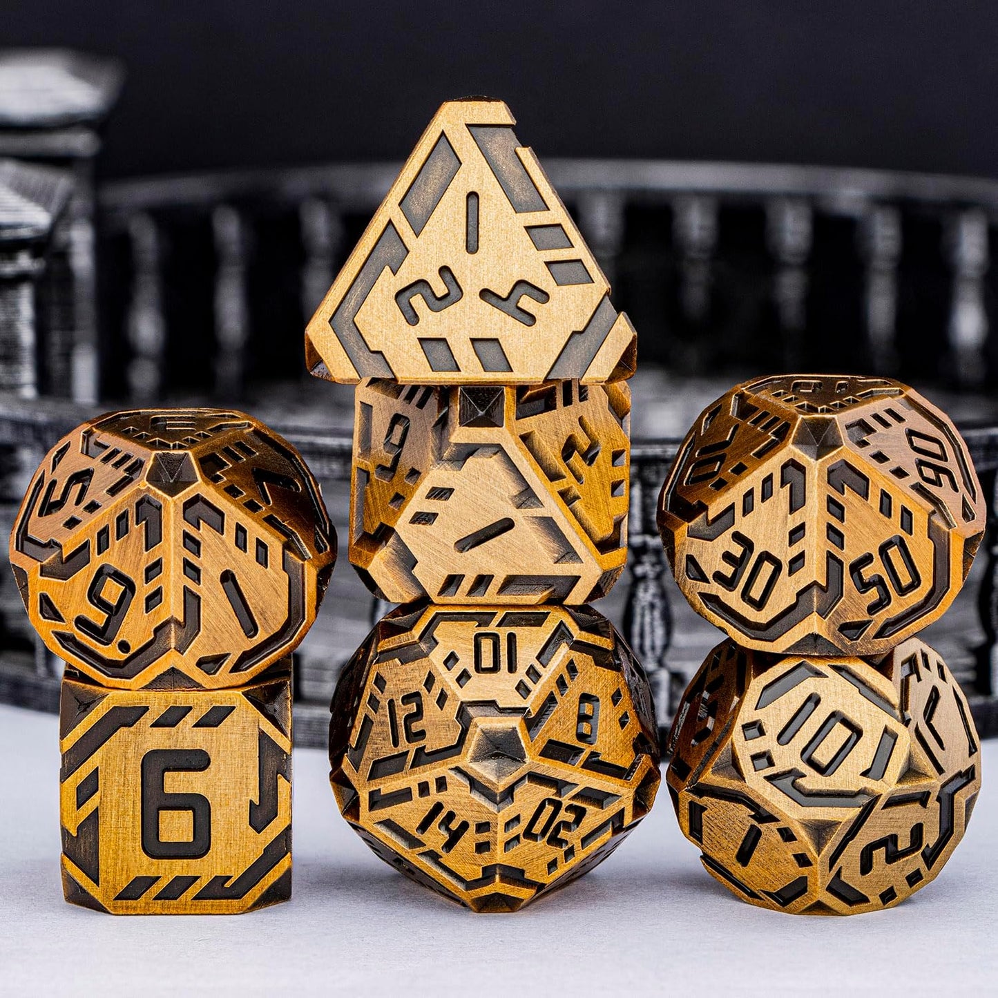 Metal DND Sci-fi Dice Set 7PCS Stripe Polyhedral Dice for Dungeons Dragons RPG Role Playing Game, Glitter D and D Dice with Gift Box D6 D8 D10 D12 D20 (Antique Gold)