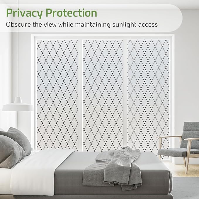 LUTE Frosted Window Privacy Film, Static Cling UV Sun Blocking Heat Control Window Cover, Removable Non-Adhesive Glass Sticker Vinyl Decorative Bathroom Frosting Decals, Black Lattice, 17.5" x 118.1"