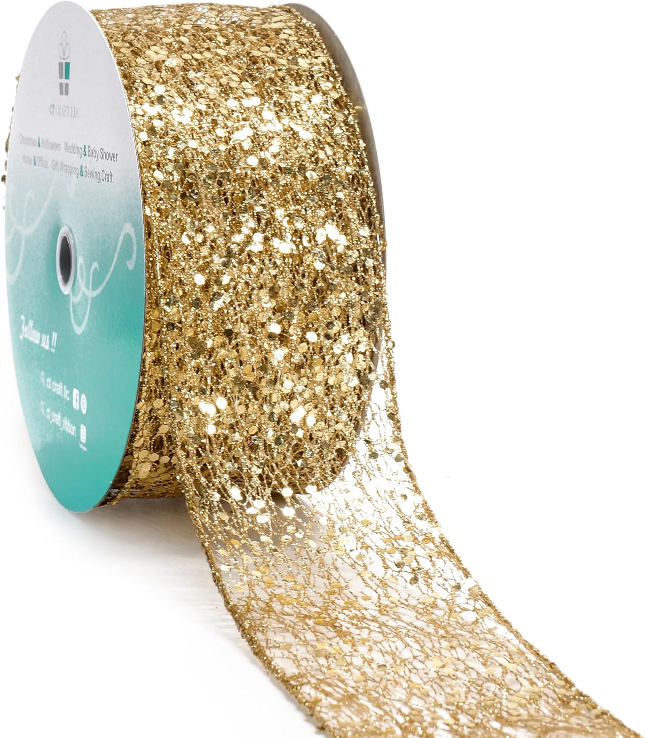 CT CRAFT LLC Sparkling Glitter Mesh Wired Ribbon 2.5" x 20 Yards Gold for Christmas Home Decor Bow Gift Wrapping DIY Crafts Wreath