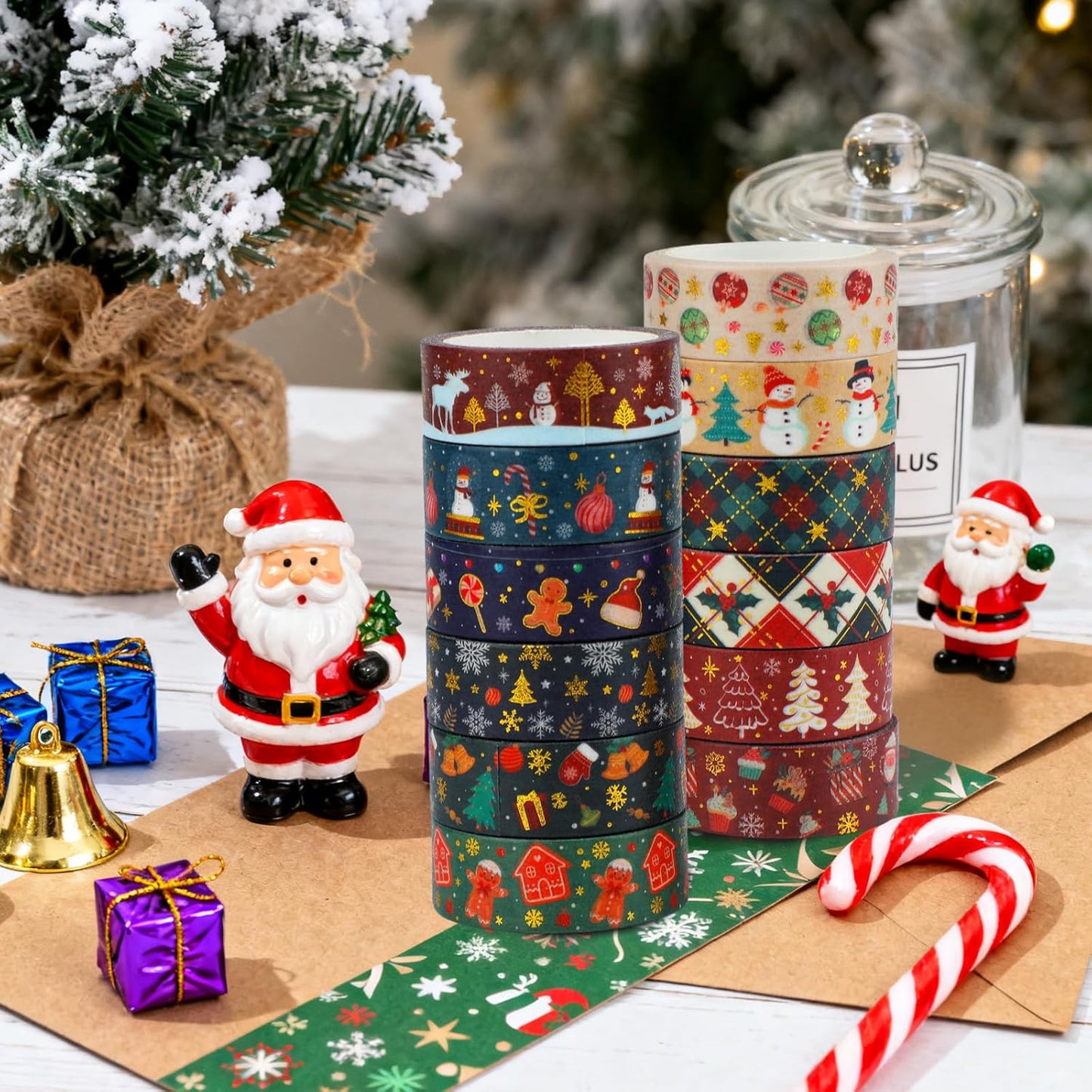 12 Rolls Christmas Washi Tapes Christmas Tree Snowman Snowflakes Gingerbread Man Masking Tape Red Green Gold Foil Xmas Decorative Tape for Xmas Scrapbook Journal Gift Wrapping DIY Crafts 16.4FT