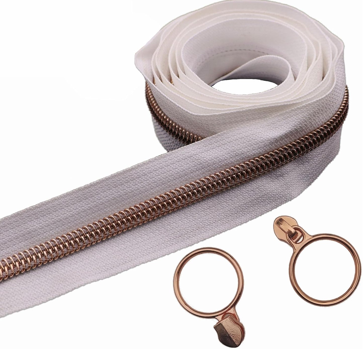 Leekayer #5 Rose Gold Metallic Teeth Nylon Coil Zippers by The Yard Bulk 10 Yards White Zipper Tape with 25pcs Rose Gold Ring Pull Sliders for DIY Sewing Tailor Craft Bag(White)