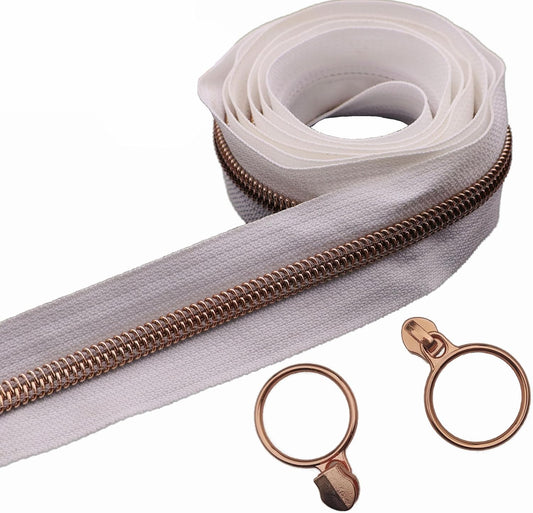 Leekayer #5 Rose Gold Metallic Teeth Nylon Coil Zippers by The Yard Bulk 10 Yards White Zipper Tape with 25pcs Rose Gold Ring Pull Sliders for DIY Sewing Tailor Craft Bag(White)